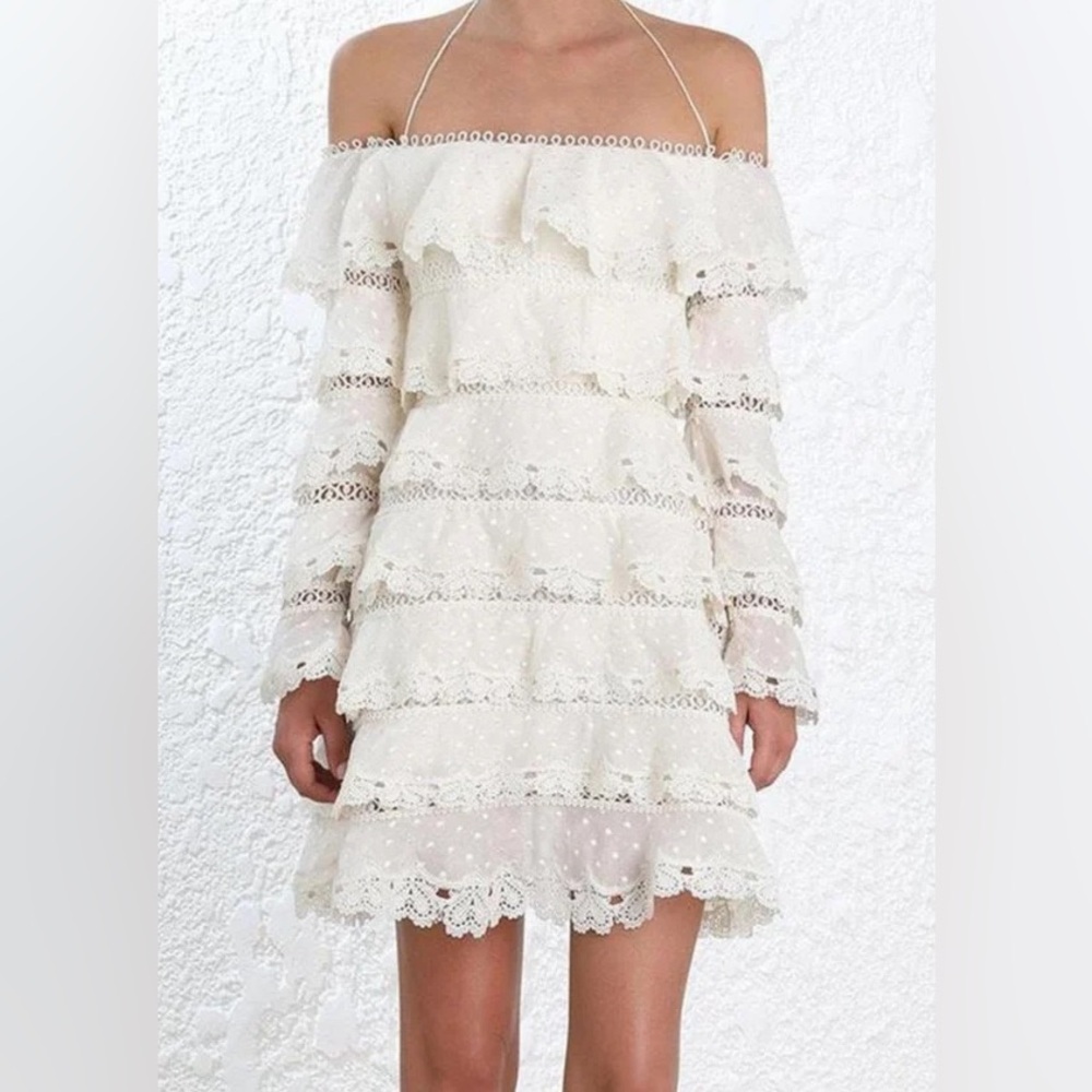 Zimmermann Painted Heart Love Mini Cream Lace Ruffled Off-Shoulder Dress